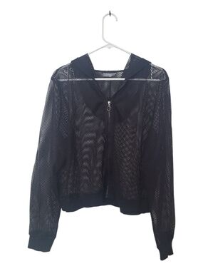 Allegra K Black Mesh Zip-Up Hoodie Jacket